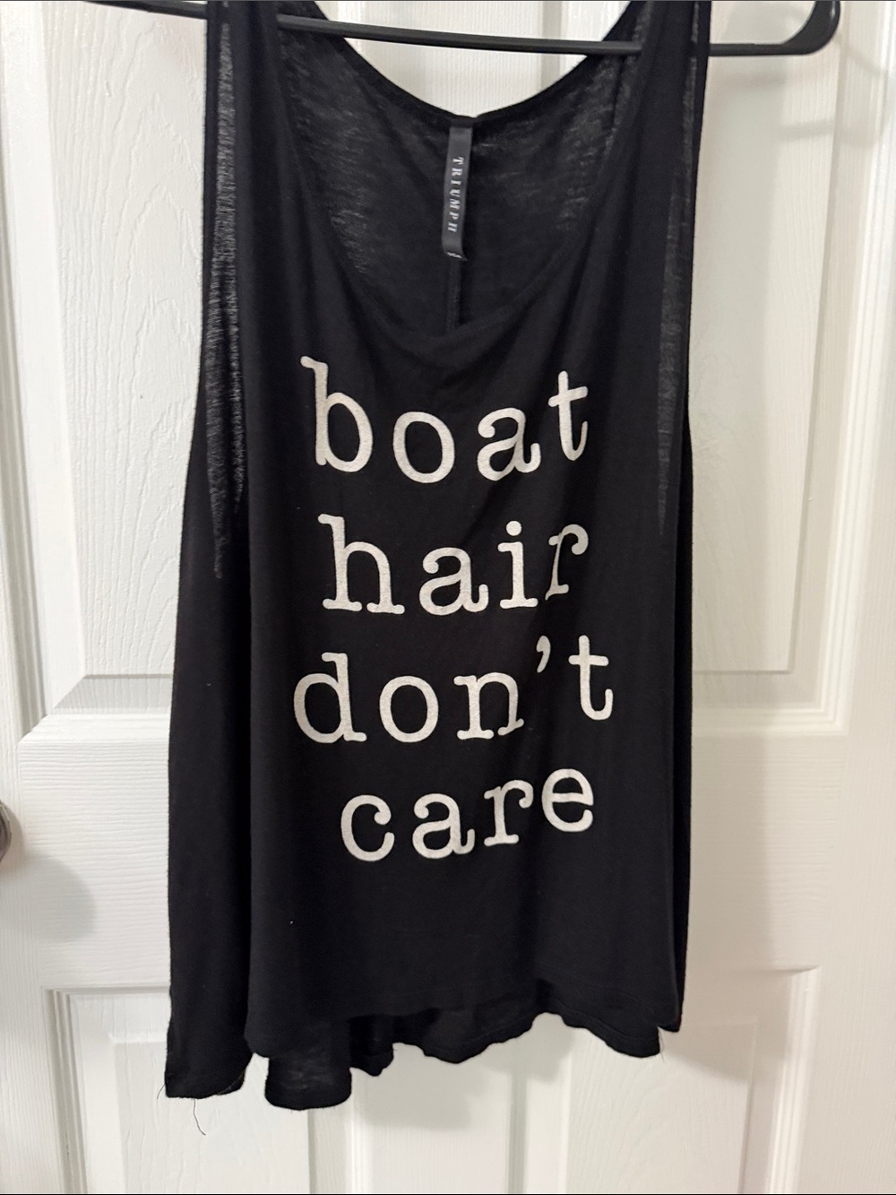 Triumph Black Tank Top with White Text "boat hair don't care"